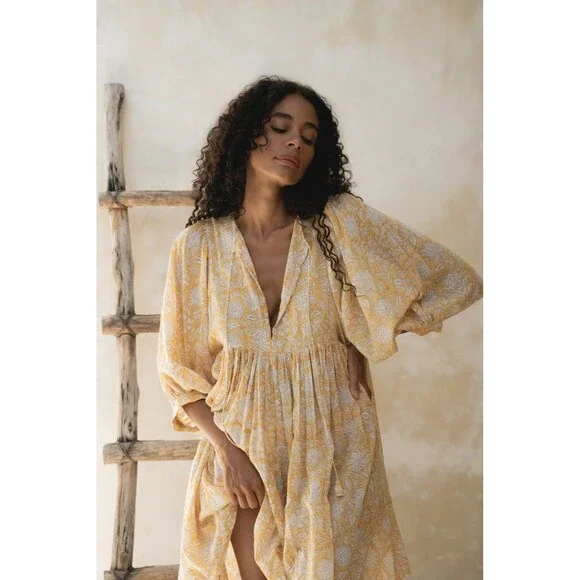 Daughters Of India 100% Cotton Kyra Cumin Paisley Semi Sheer Mini Dress XS - Picture 2 of 10